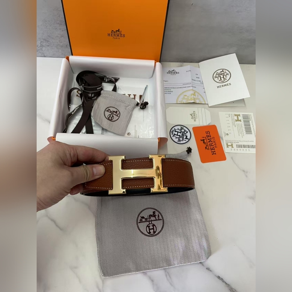 Hermes Brown Leather Belt with Gold H Buckle